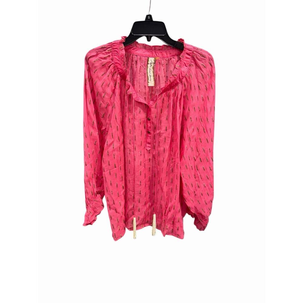 Aratta Maven Sheer Blouse Pink Metallic Gold Shimmer Beaded Tassels Womens XL